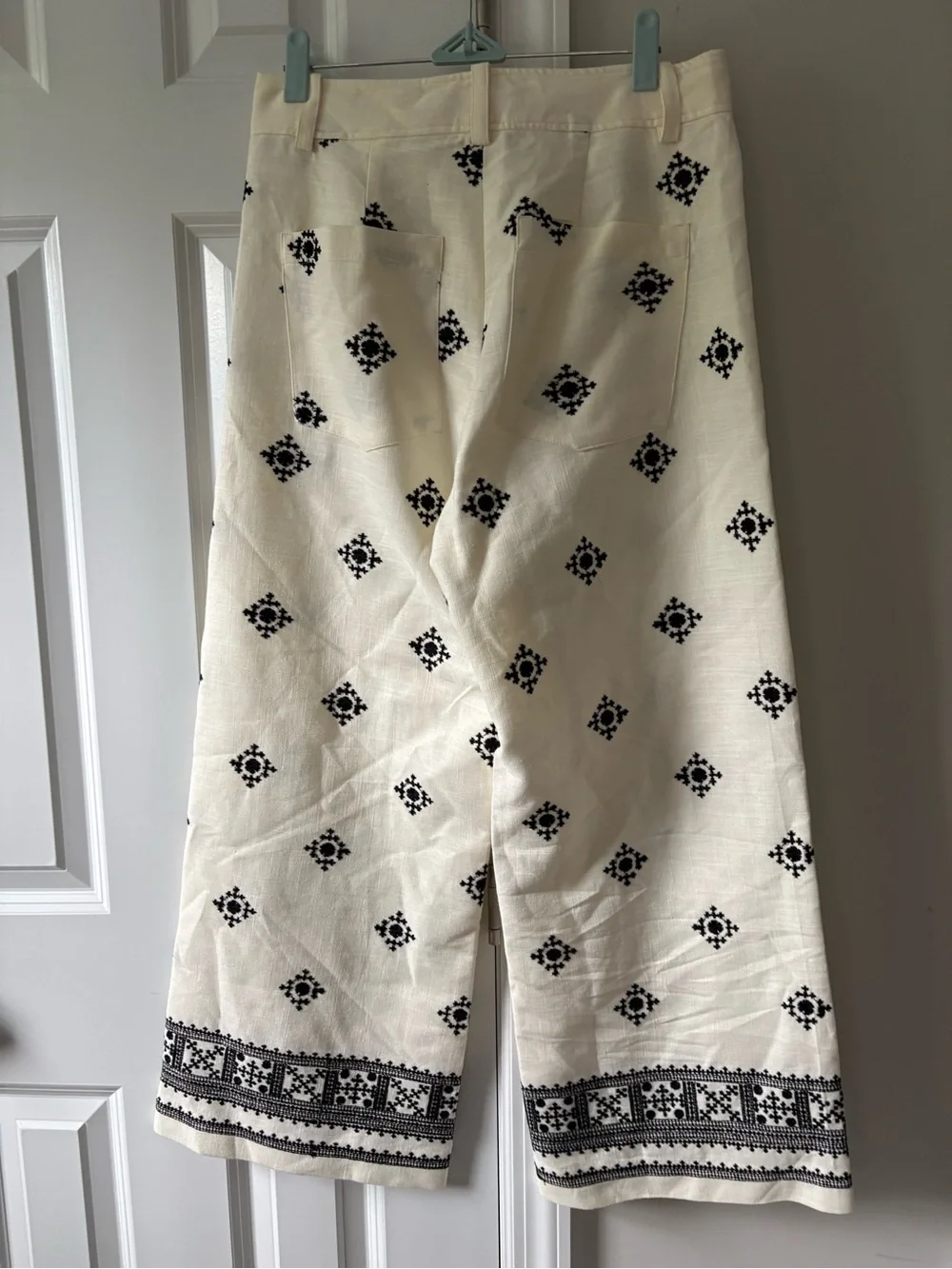 Zara linen blend wide-leg pants with embroidered details